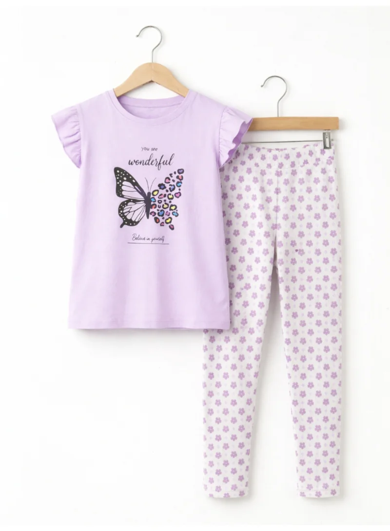 فكتور اند جين Girls’ Pajama Set – Butterfly Graphic Frill Sleeve Top & Star Print Pants